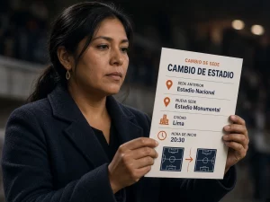 Mujer peruana revisando una confirmación de cambio de estadio para un partido de Liga 1