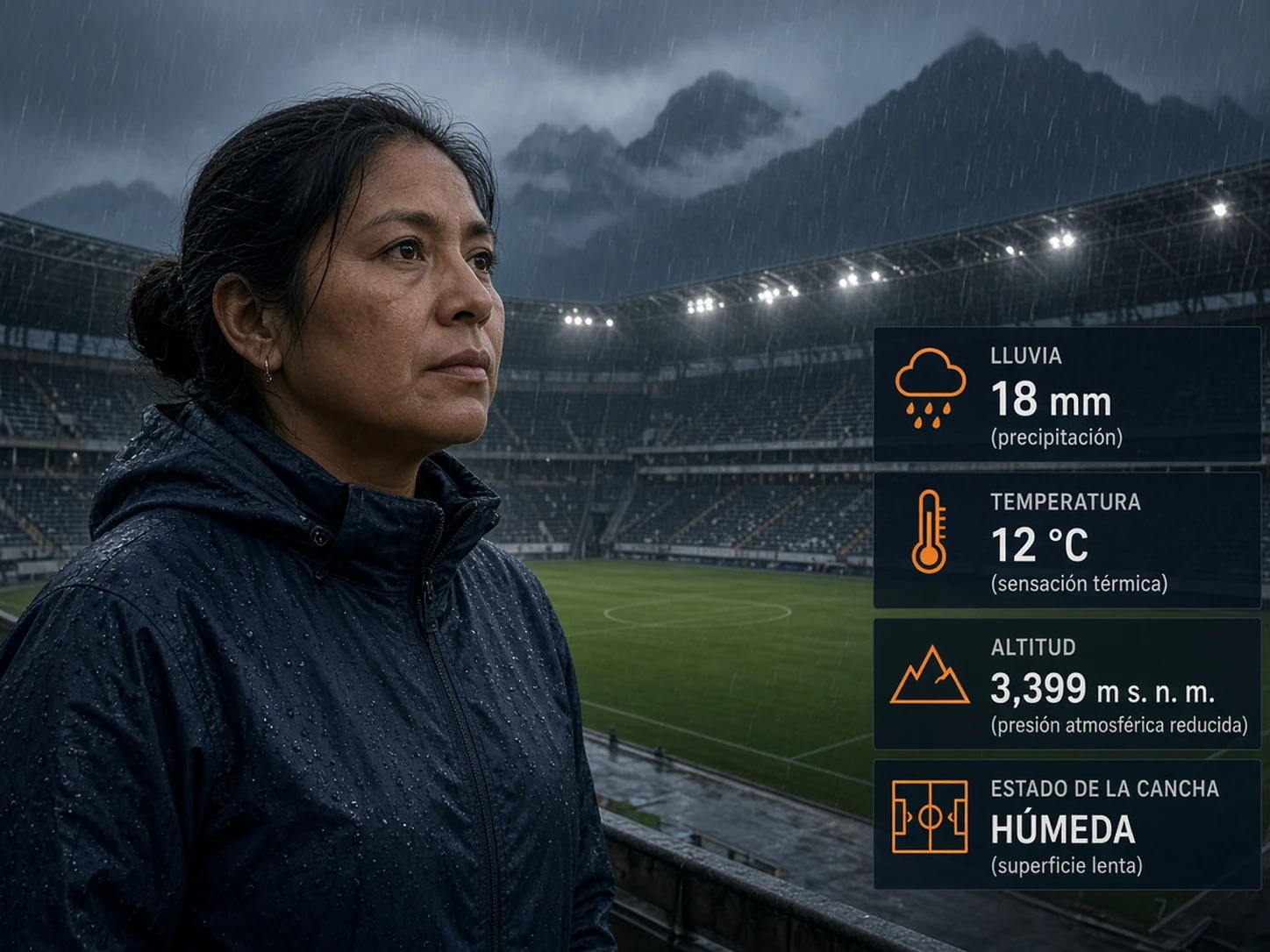 Mujer peruana comparando lluvia, temperatura, altitud y estado del césped antes de un partido de Liga 1