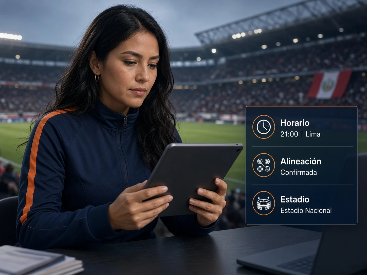 Mujer peruana verificando horario, alineación y estadio antes de un partido de Liga 1