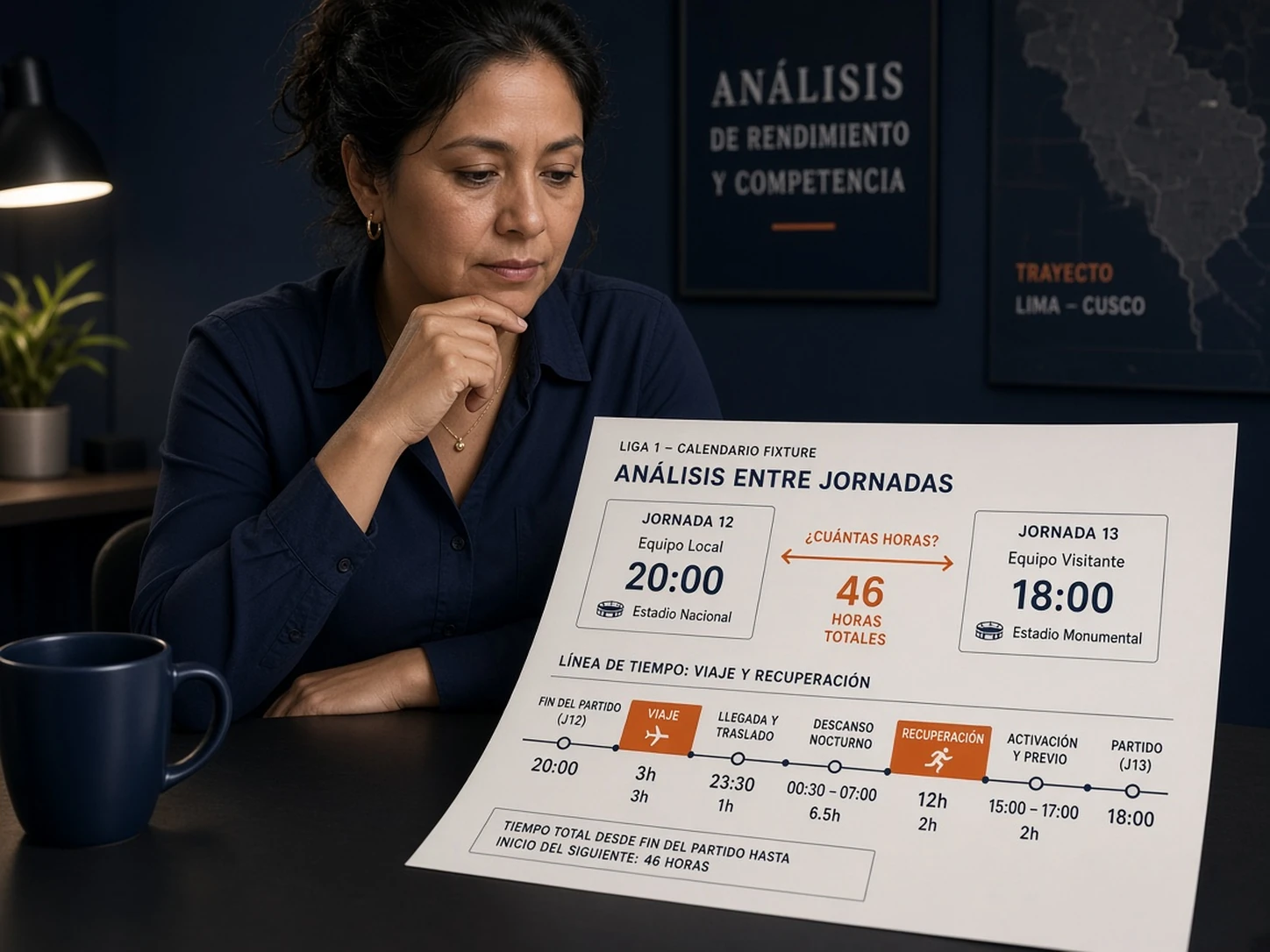 Mujer peruana calculando horas de descanso entre dos partidos de Liga 1