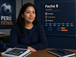 Mujer peruana explicando fecha, jornada, horario y calendario de Liga 1