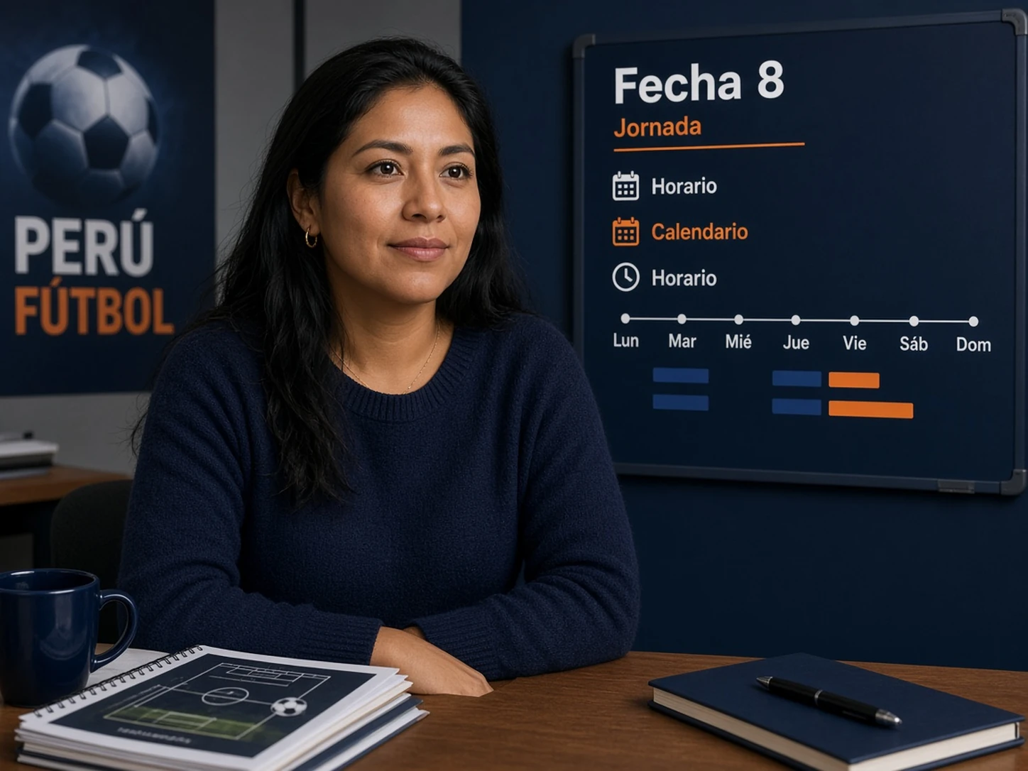Mujer peruana explicando fecha, jornada, horario y calendario de Liga 1