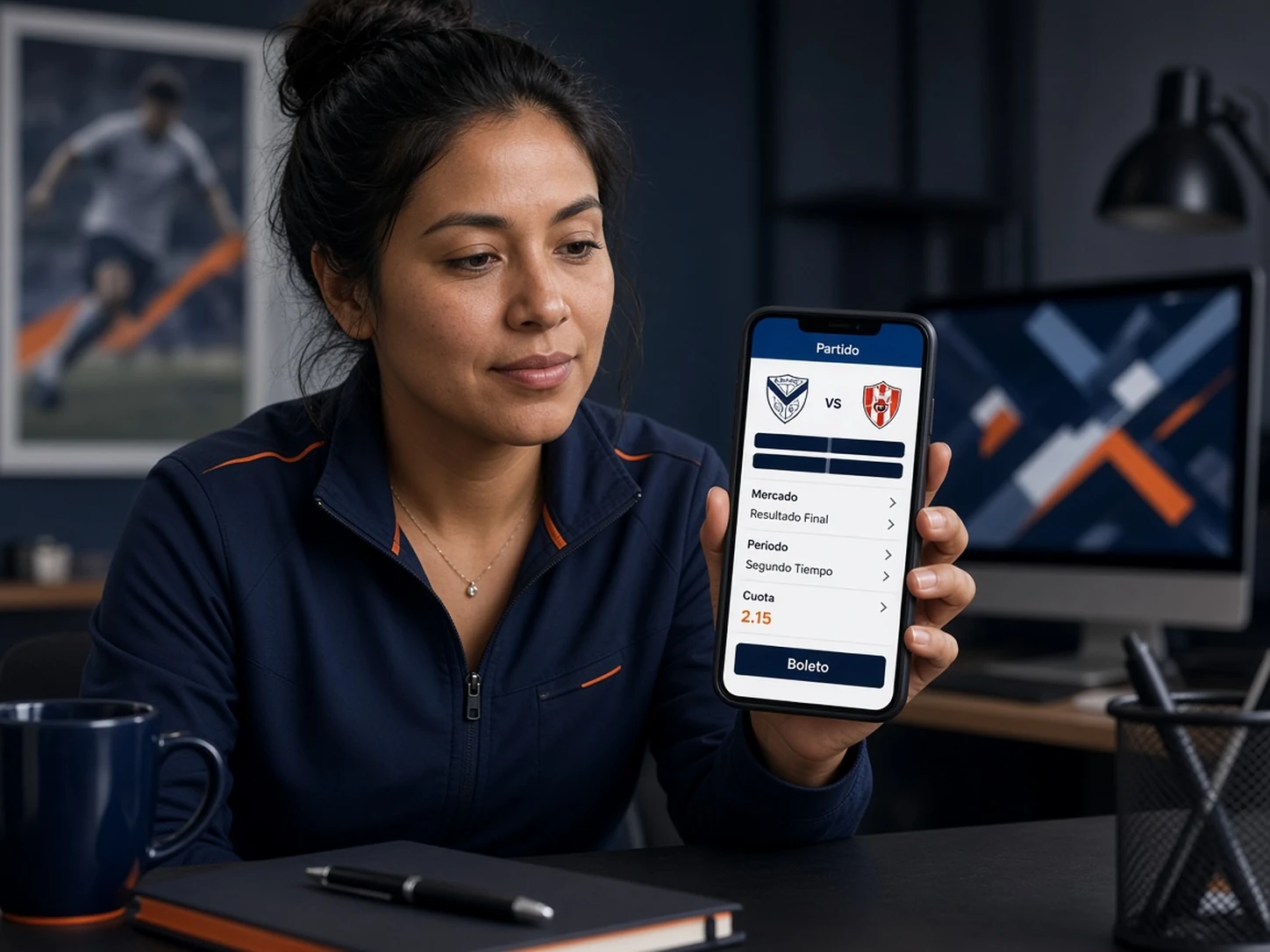 Mujer peruana revisando partido, mercado, periodo y boleto antes de registrar una apuesta de Liga 1