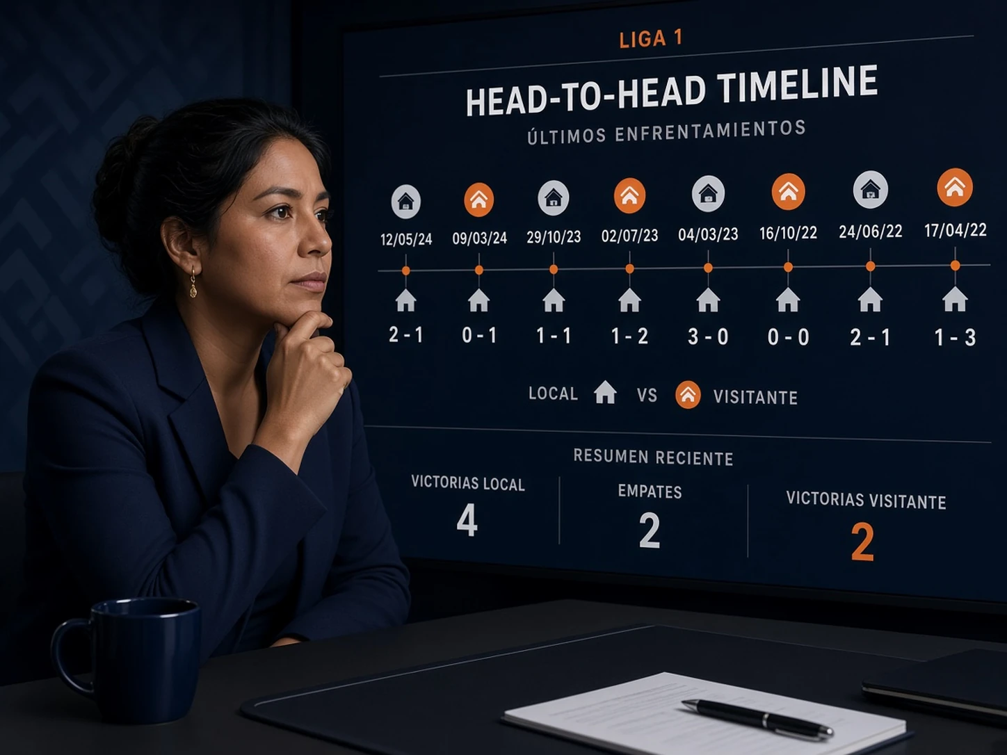 Mujer peruana revisando el historial de enfrentamientos directos entre dos equipos de Liga 1
