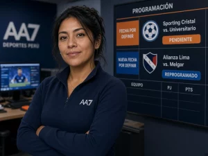 Mujer peruana revisando partidos pendientes y reprogramados junto a una tabla de Liga 1