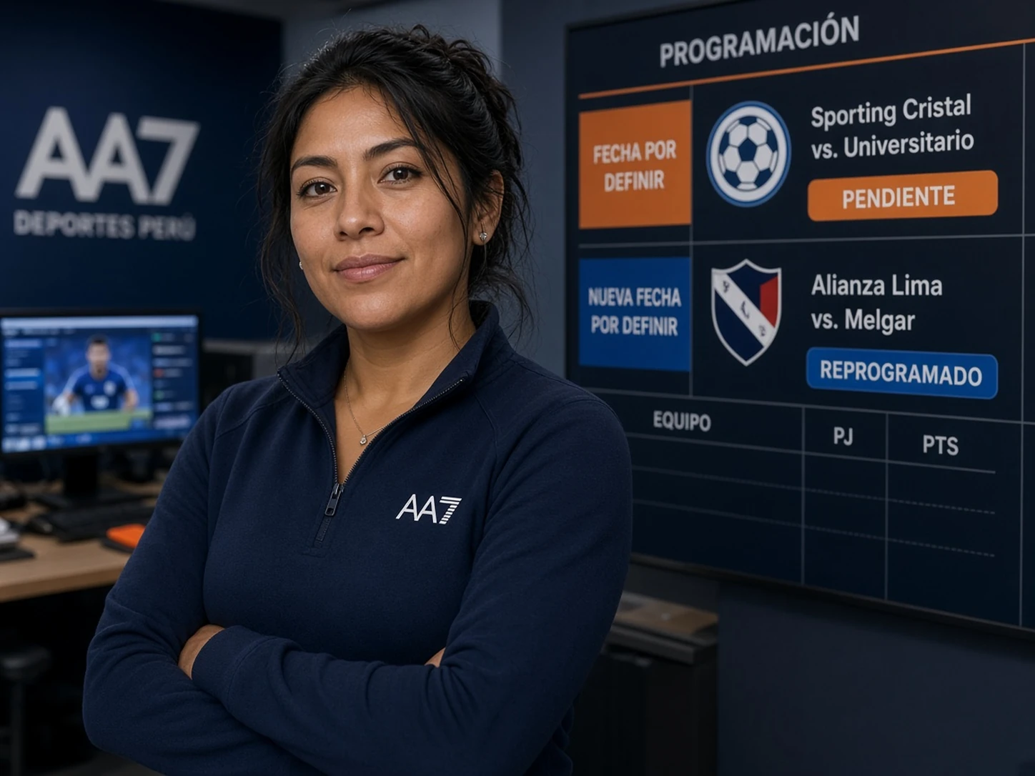 Mujer peruana revisando partidos pendientes y reprogramados junto a una tabla de Liga 1