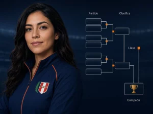 Mujer peruana frente a un cuadro de playoffs que diferencia partido, clasificación, llave y campeón
