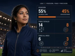 Mujer peruana comparando posesión, tiros y tiros al arco de un partido de Liga 1