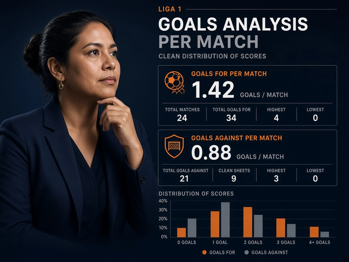 Mujer peruana calculando promedios de goles a favor y en contra en Liga 1
