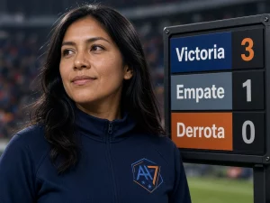 Mujer peruana junto a un marcador que explica tres puntos por victoria, uno por empate y cero por derrota