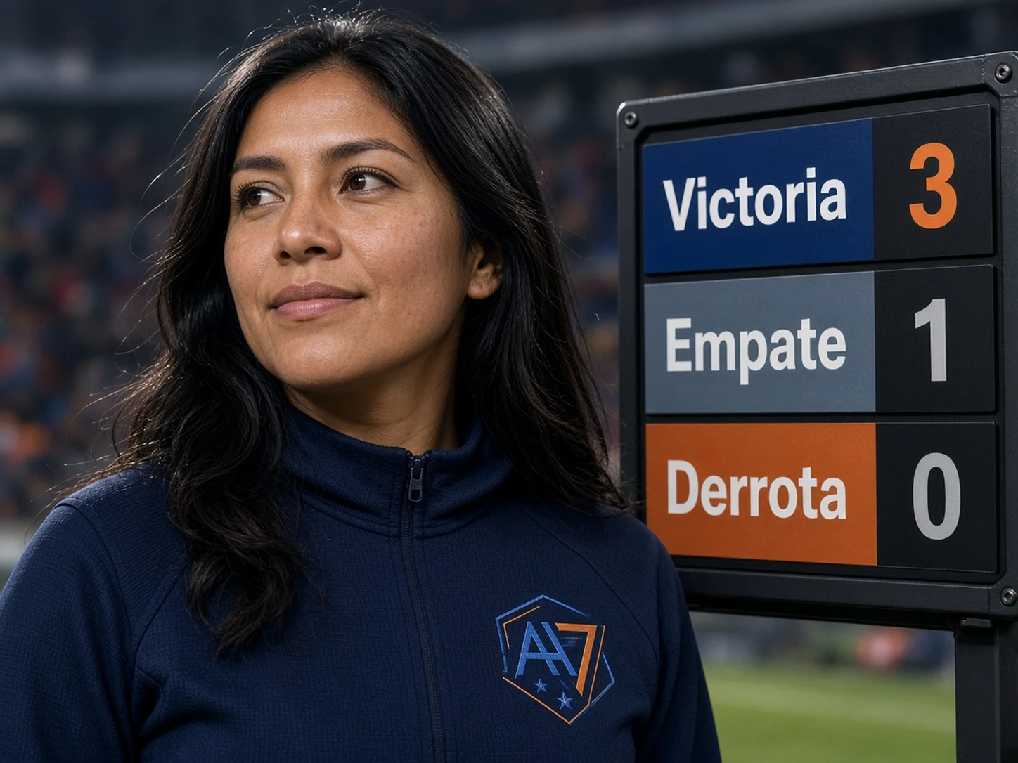 Mujer peruana junto a un marcador que explica tres puntos por victoria, uno por empate y cero por derrota