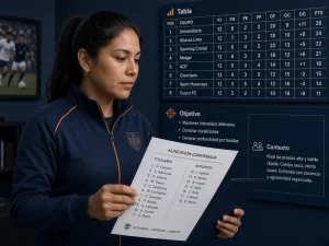 Mujer peruana analizando tabla y alineación para entender el contexto de un equipo de Liga 1 sin objetivos claros