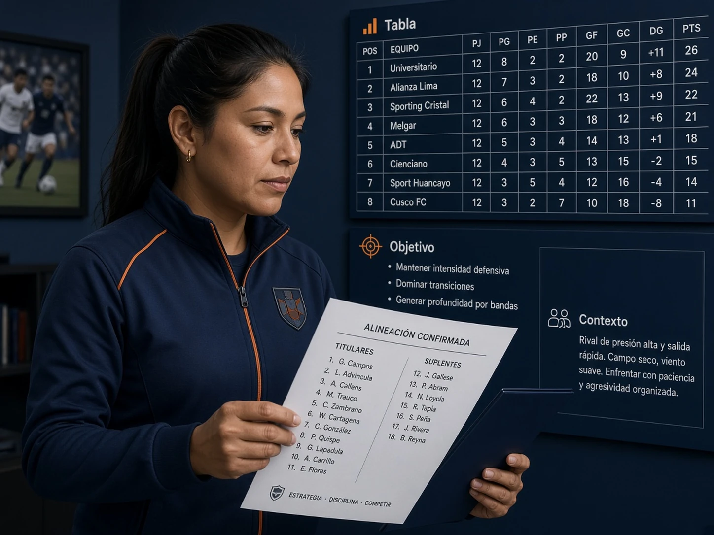 Mujer peruana analizando tabla y alineación para entender el contexto de un equipo de Liga 1 sin objetivos claros