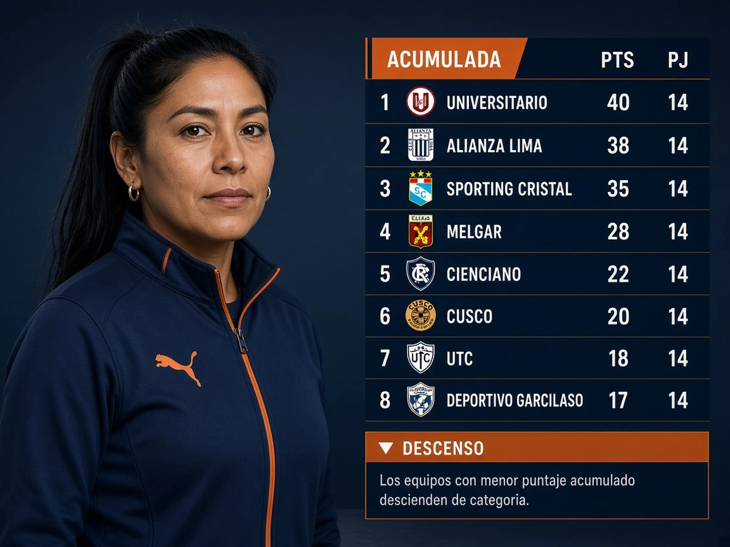 Mujer peruana analizando la zona baja de una tabla acumulada de Liga 1