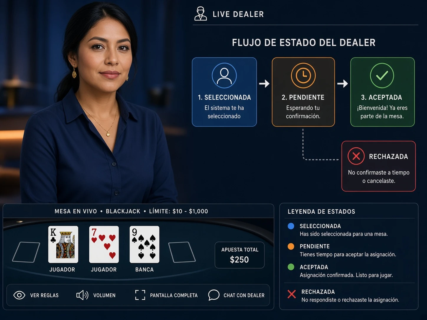 Mujer peruana comparando los estados apuesta pendiente y apuesta aceptada en casino en vivo