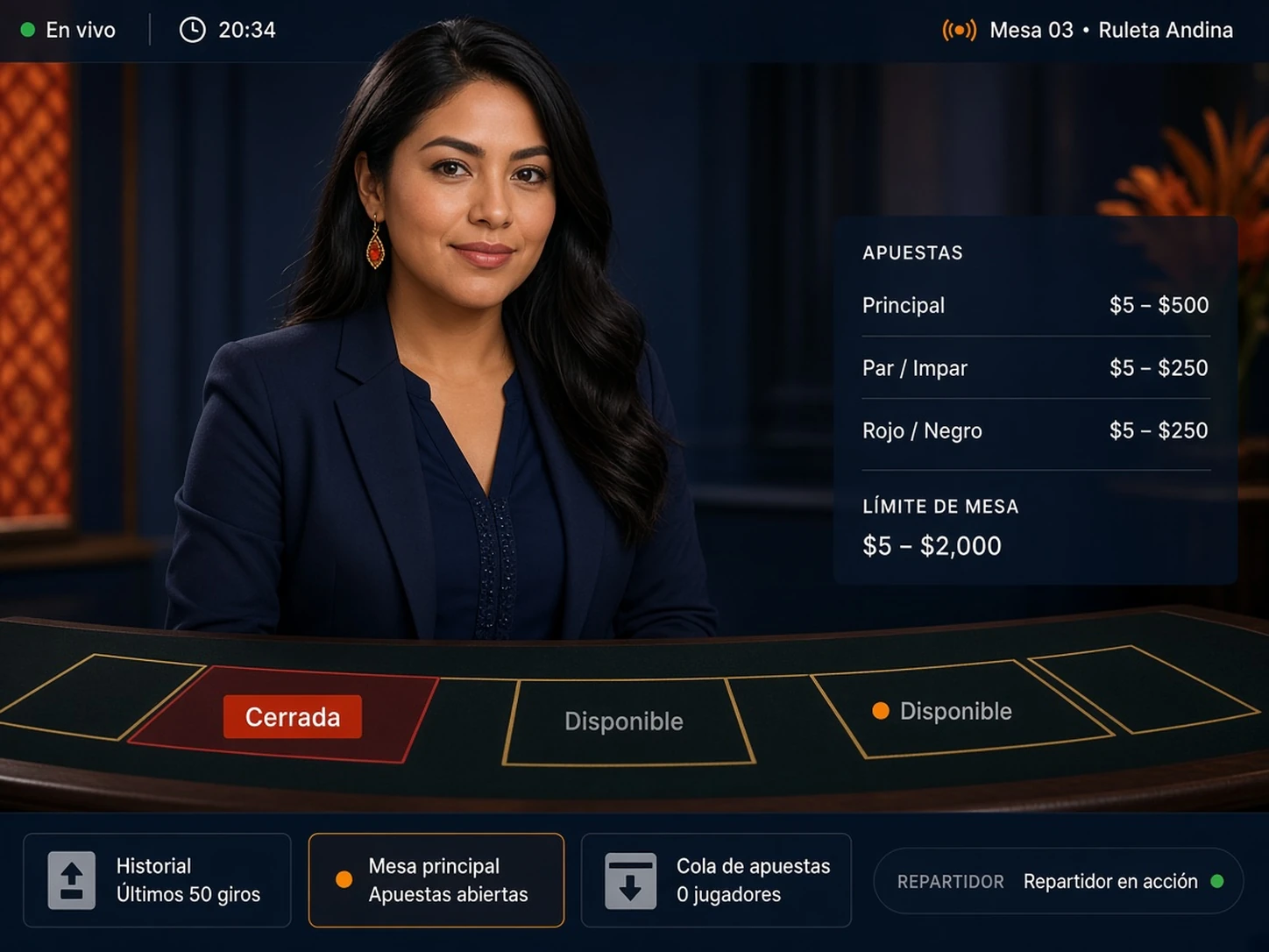 Mujer peruana observando una casilla de apuesta que cambia de disponible a cerrada durante una ronda en vivo