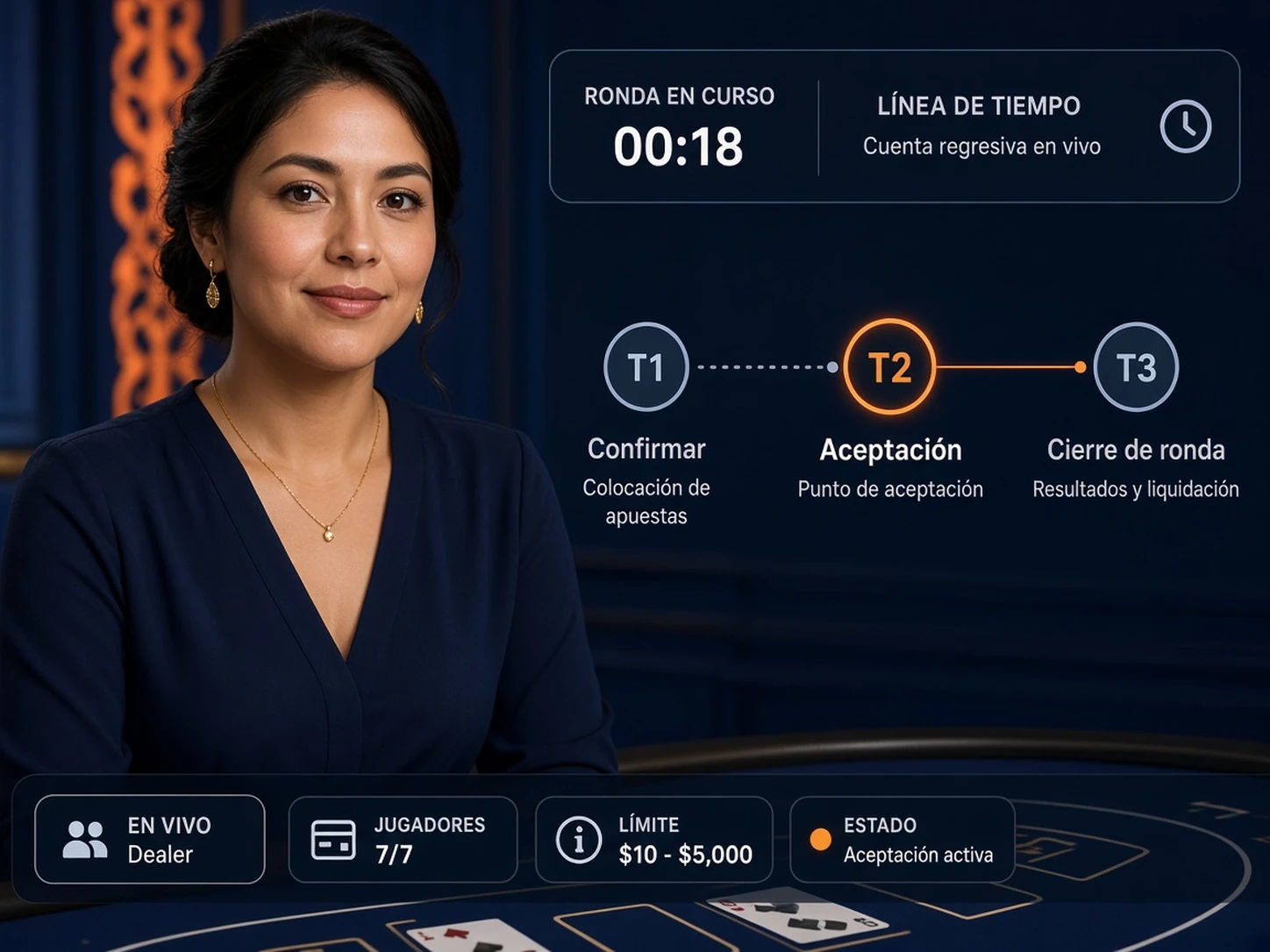 Mujer peruana comparando temporizador, cierre de ronda y estado de aceptación de una apuesta en casino en vivo