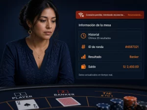 Mujer peruana revisando el historial después de una desconexión de internet en casino en vivo