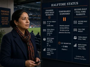 Mujer peruana explicando apuestas en vivo al descanso