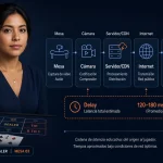 Mujer peruana explicando la cadena de latencia entre mesa física, servidor, internet y dispositivo en casino en vivo