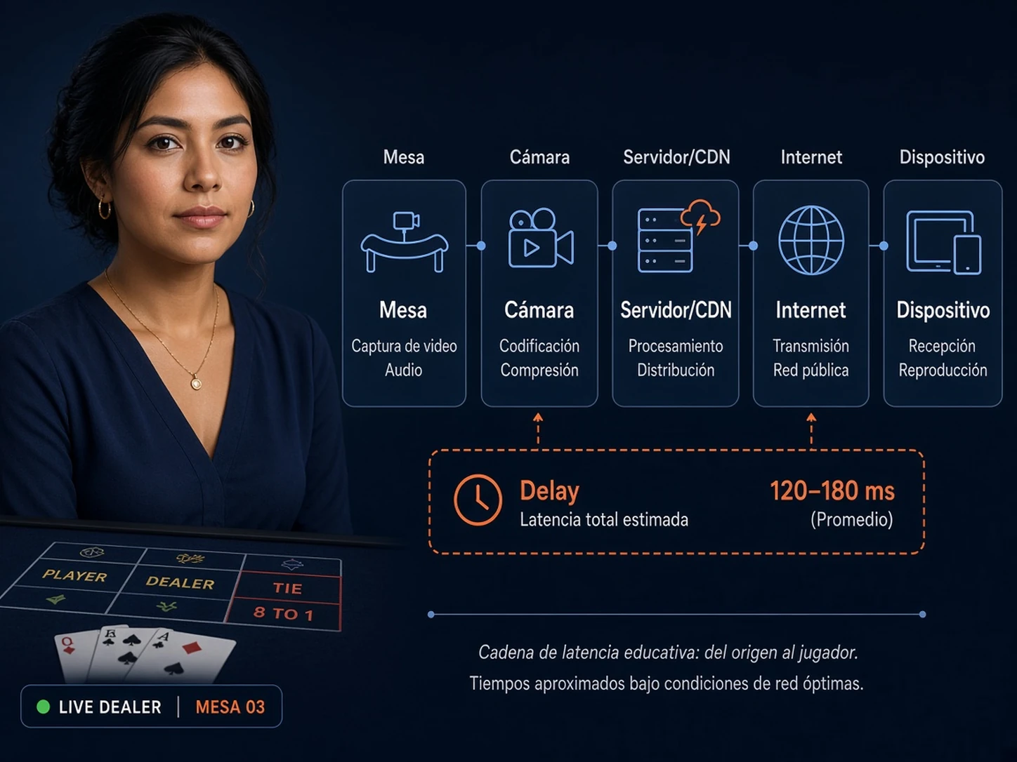 Mujer peruana explicando la cadena de latencia entre mesa física, servidor, internet y dispositivo en casino en vivo