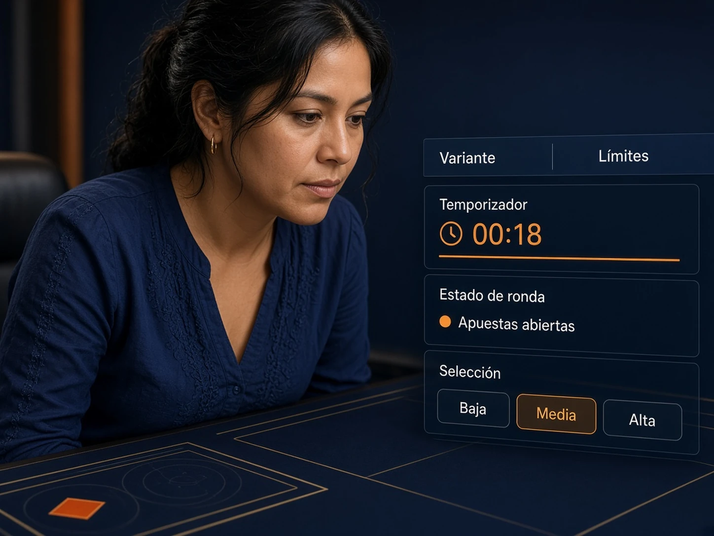 Mujer peruana revisando límites, temporizador y estado de una mesa de casino en vivo