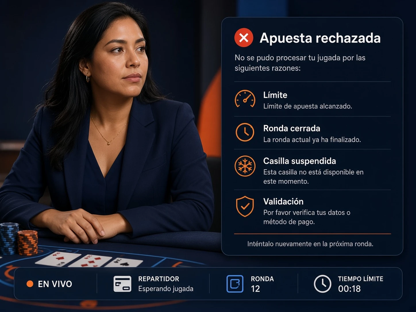 Mujer peruana revisando motivos de rechazo de una apuesta en casino en vivo pese a tener saldo