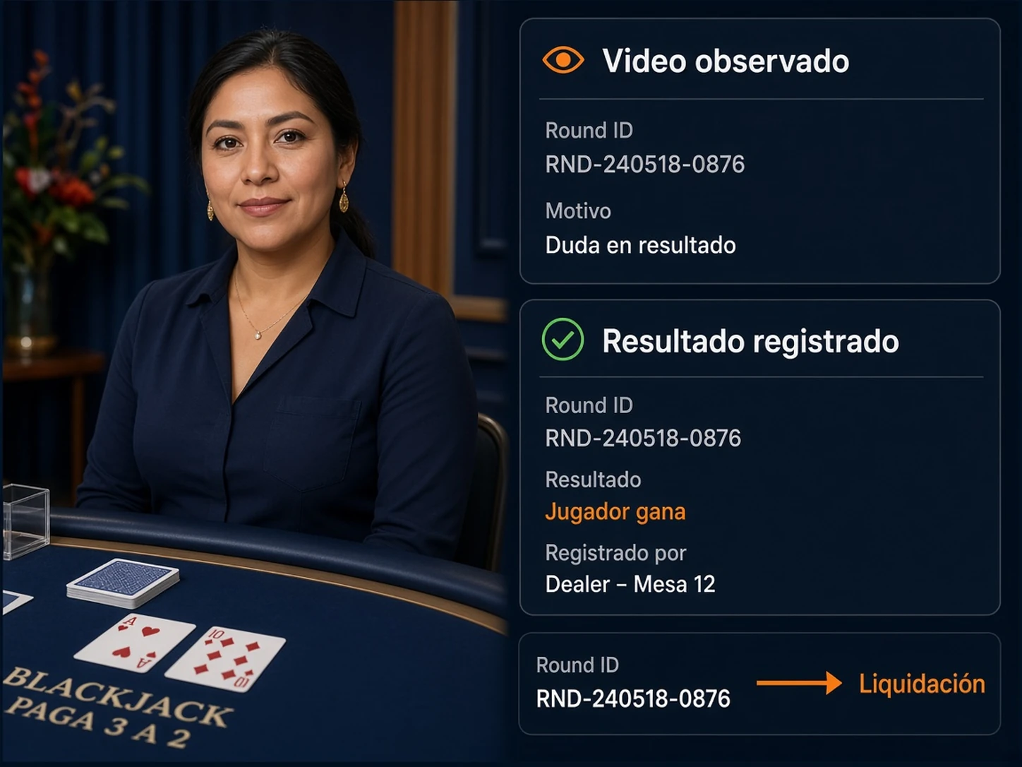 Mujer peruana comparando el resultado visto en video con el resultado registrado de una mesa de casino en vivo