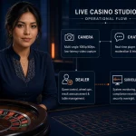 Mujer peruana señalando cámara, chat y crupier en una mesa de casino en vivo