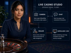 Mujer peruana señalando cámara, chat y crupier en una mesa de casino en vivo