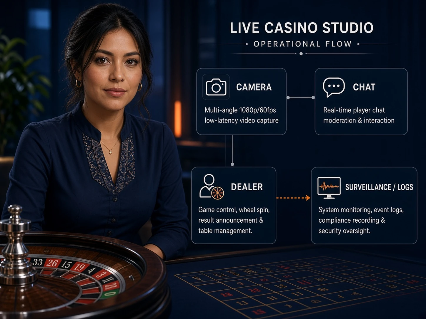 Mujer peruana señalando cámara, chat y crupier en una mesa de casino en vivo