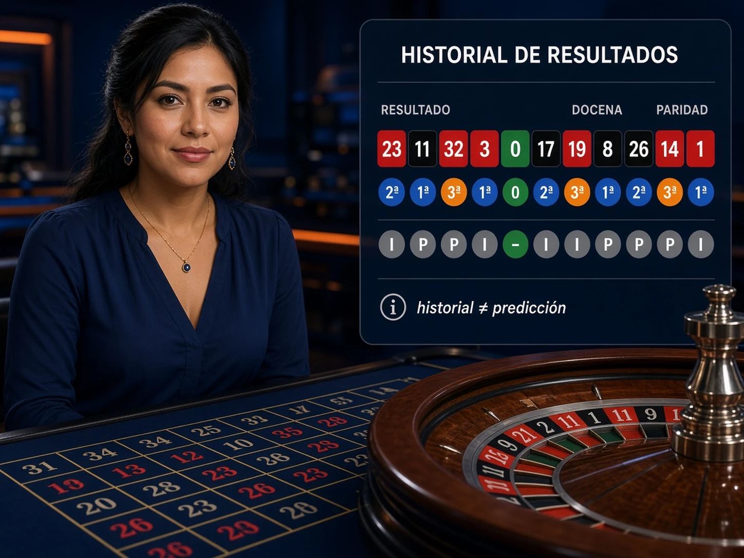 Mujer peruana revisando historial y estadísticas de una mesa de casino en vivo