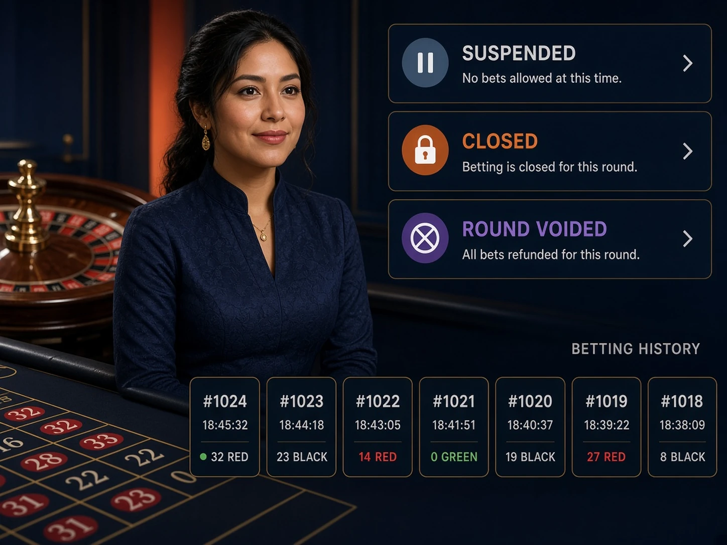 Mujer peruana comparando estados de mesa suspendida, cerrada y ronda anulada en el historial