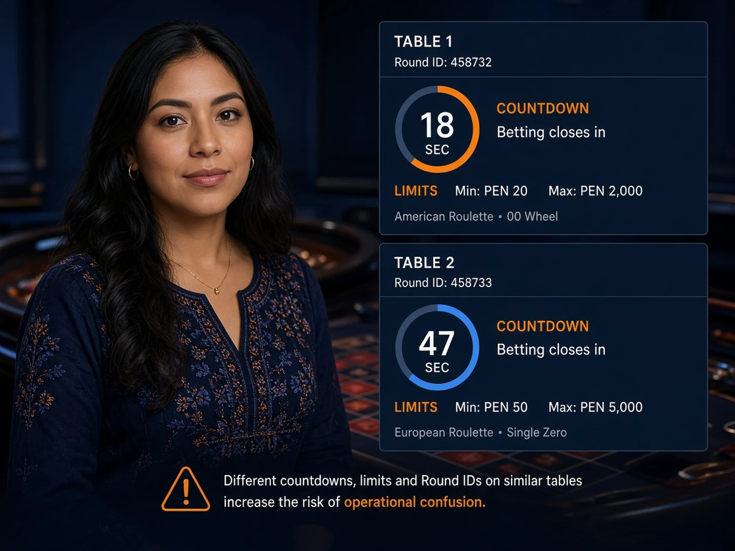 Mujer peruana gestionando dos mesas de casino en vivo con diferentes rondas y tiempos de cierre