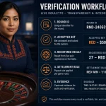Mujer peruana revisando ID de ronda, historial y resultado registrado de una mesa de casino en vivo
