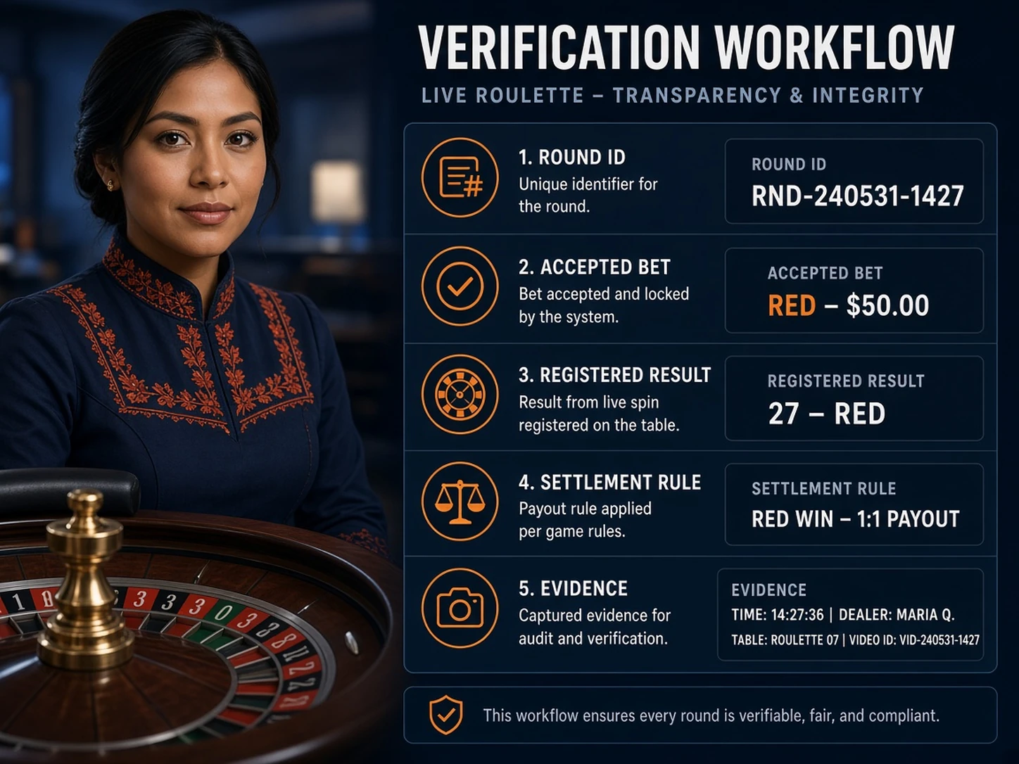 Mujer peruana revisando ID de ronda, historial y resultado registrado de una mesa de casino en vivo