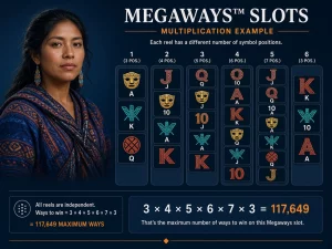 Mujer peruana explicando cómo cambia el número de filas y formas de ganar en una tragamonedas Megaways
