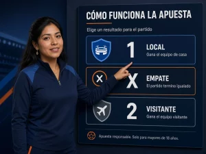 Mujer peruana explicando qué significan 1, X y 2 en una apuesta de fútbol
