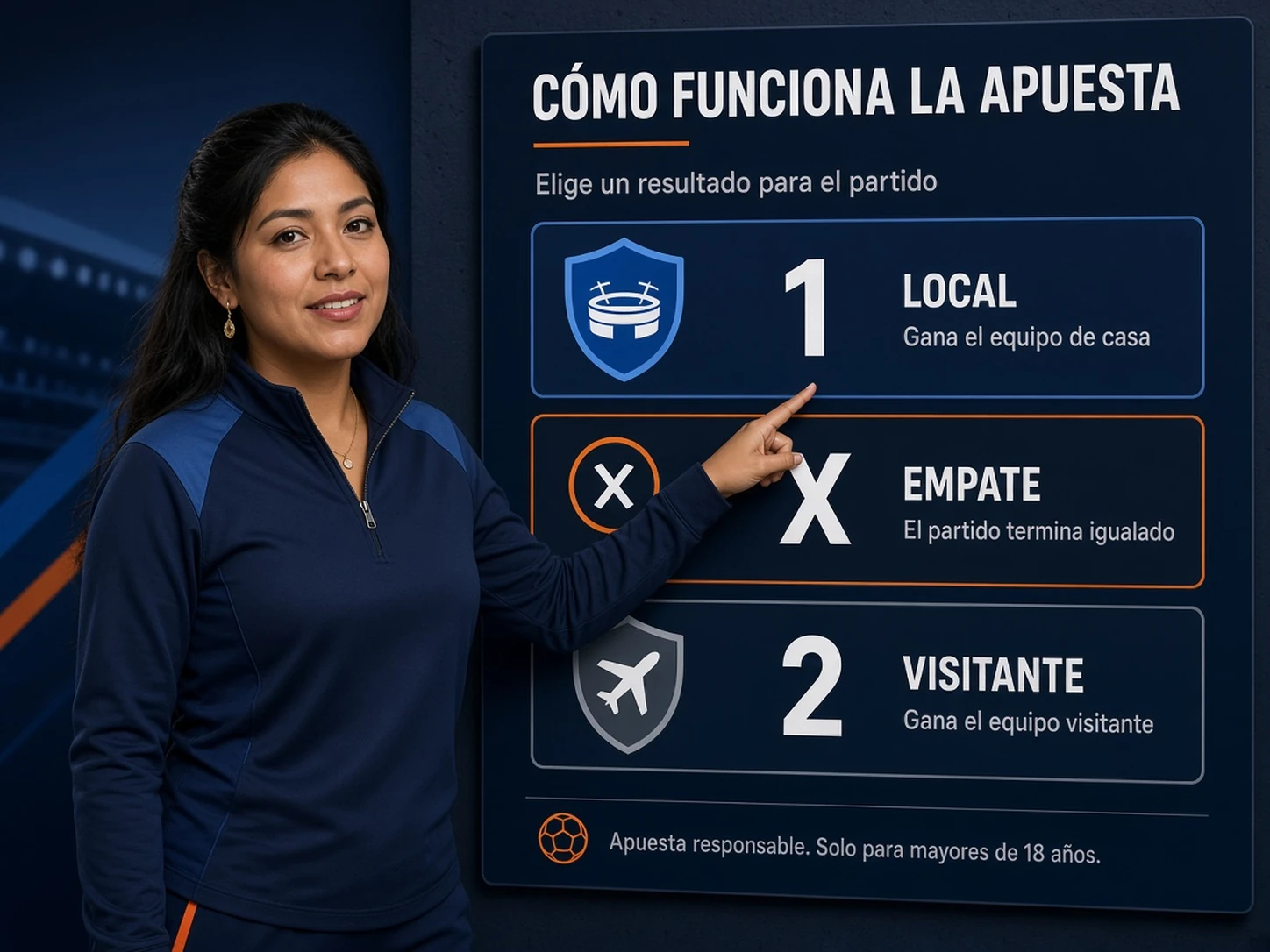 Mujer peruana explicando qué significan 1, X y 2 en una apuesta de fútbol