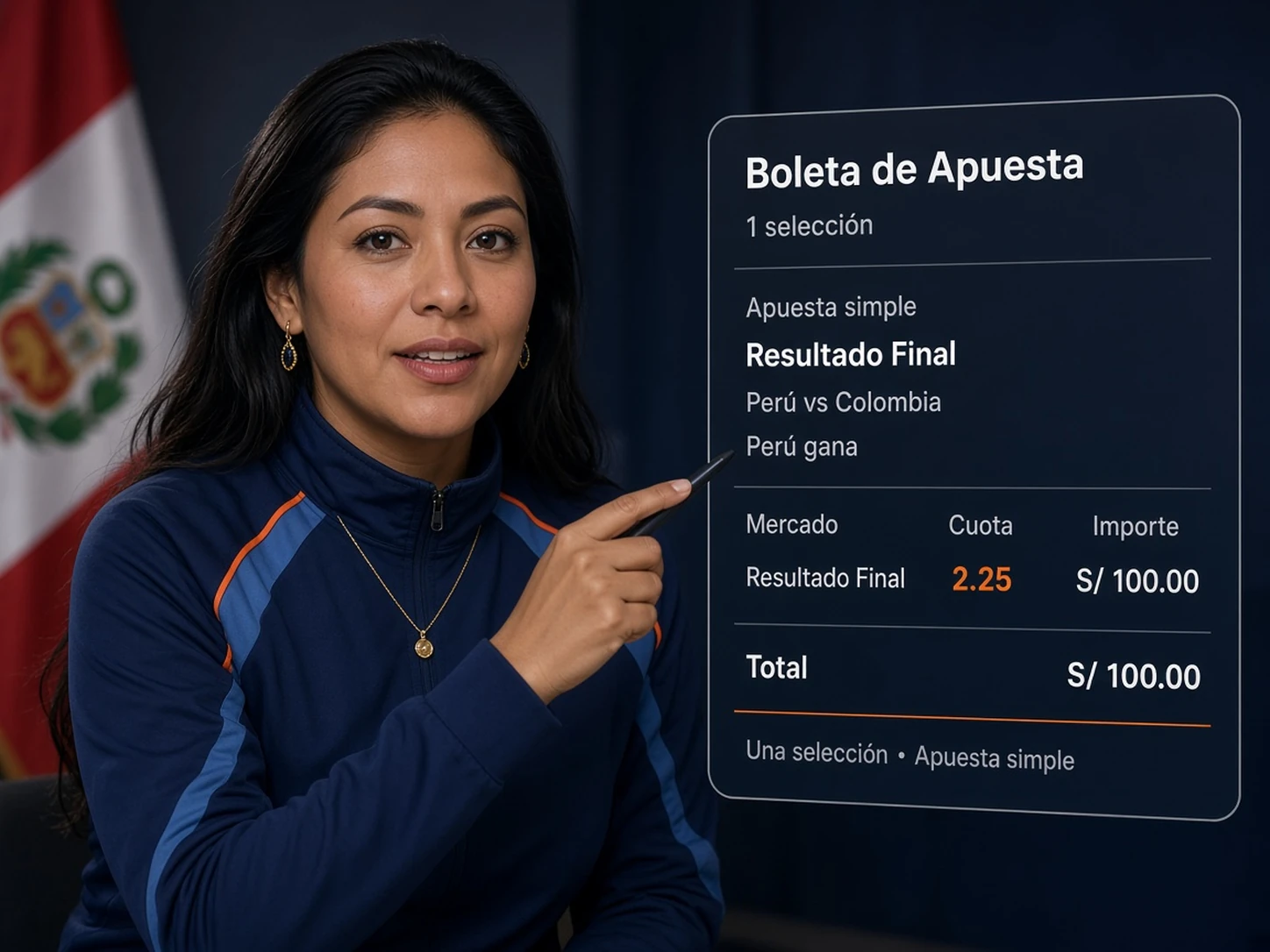 Mujer peruana explicando cómo funciona una apuesta simple con una sola selección