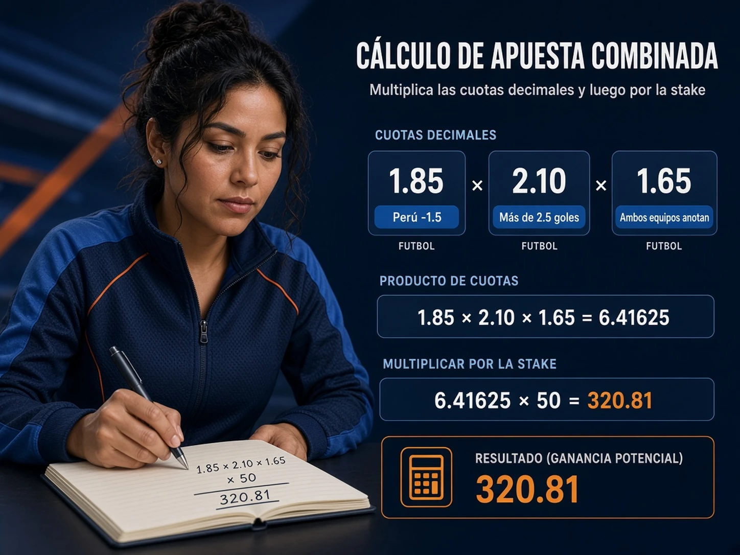 Mujer peruana calculando el pago de una apuesta combinada con varias cuotas decimales