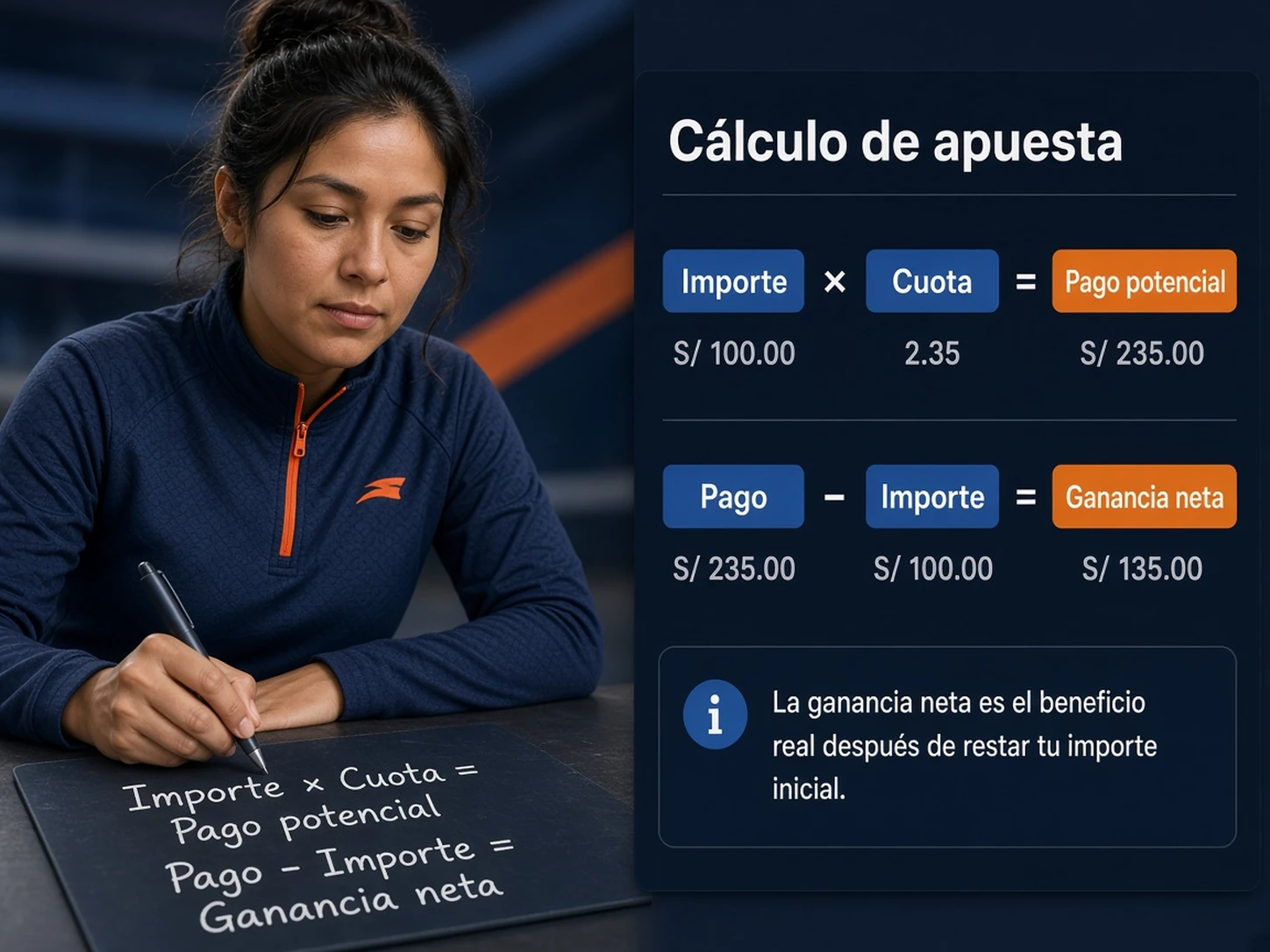 Mujer peruana calculando una apuesta con cuota decimal paso a paso