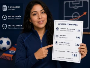Mujer peruana explicando una apuesta combinada con varias selecciones en un solo boleto