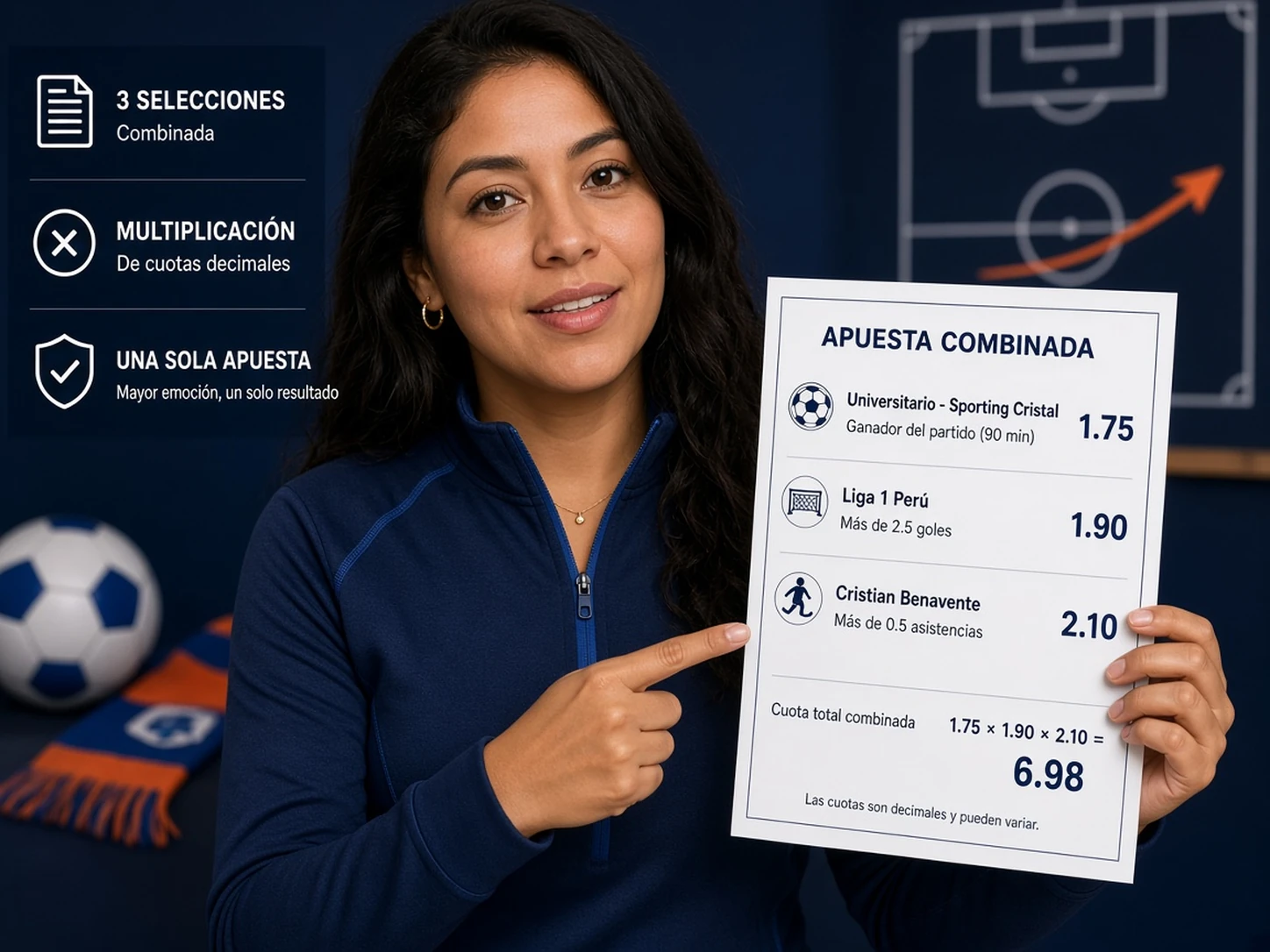 Mujer peruana explicando una apuesta combinada con varias selecciones en un solo boleto