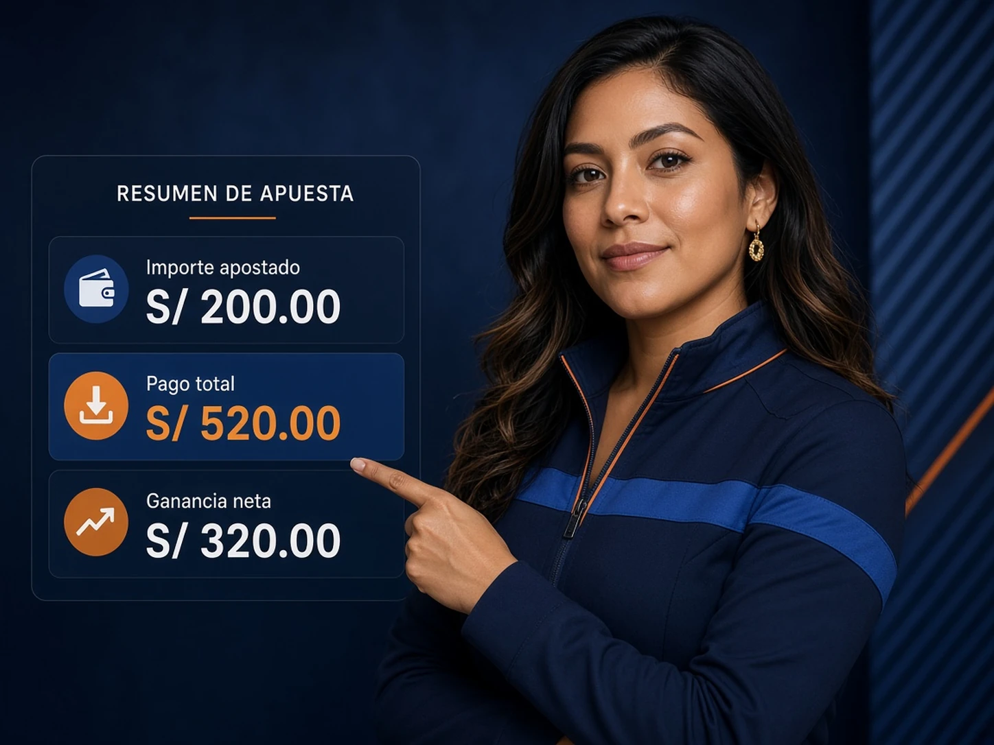 Mujer peruana comparando importe apostado, pago total y ganancia neta