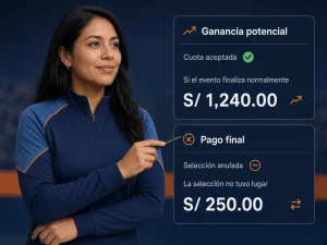 Mujer peruana comparando ganancia potencial mostrada y pago final de una apuesta