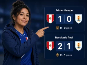 Mujer peruana comparando resultado del primer tiempo y resultado final en apuestas de fútbol