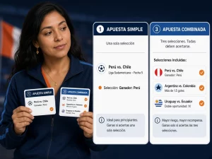 Mujer peruana comparando una apuesta simple con una apuesta combinada