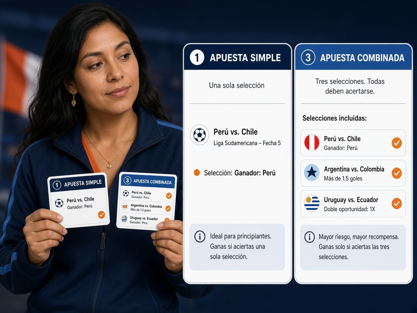 Mujer peruana comparando una apuesta simple con una apuesta combinada