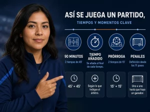 Mujer peruana explicando tiempo completo, añadido, prórroga y penales en una apuesta de fútbol
